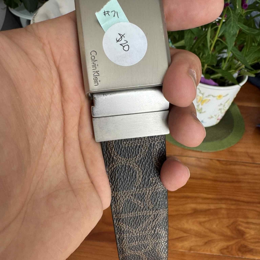 Calvin Klein Men's Belt with Silver Buckle and Patterned Brown Strap Size 38